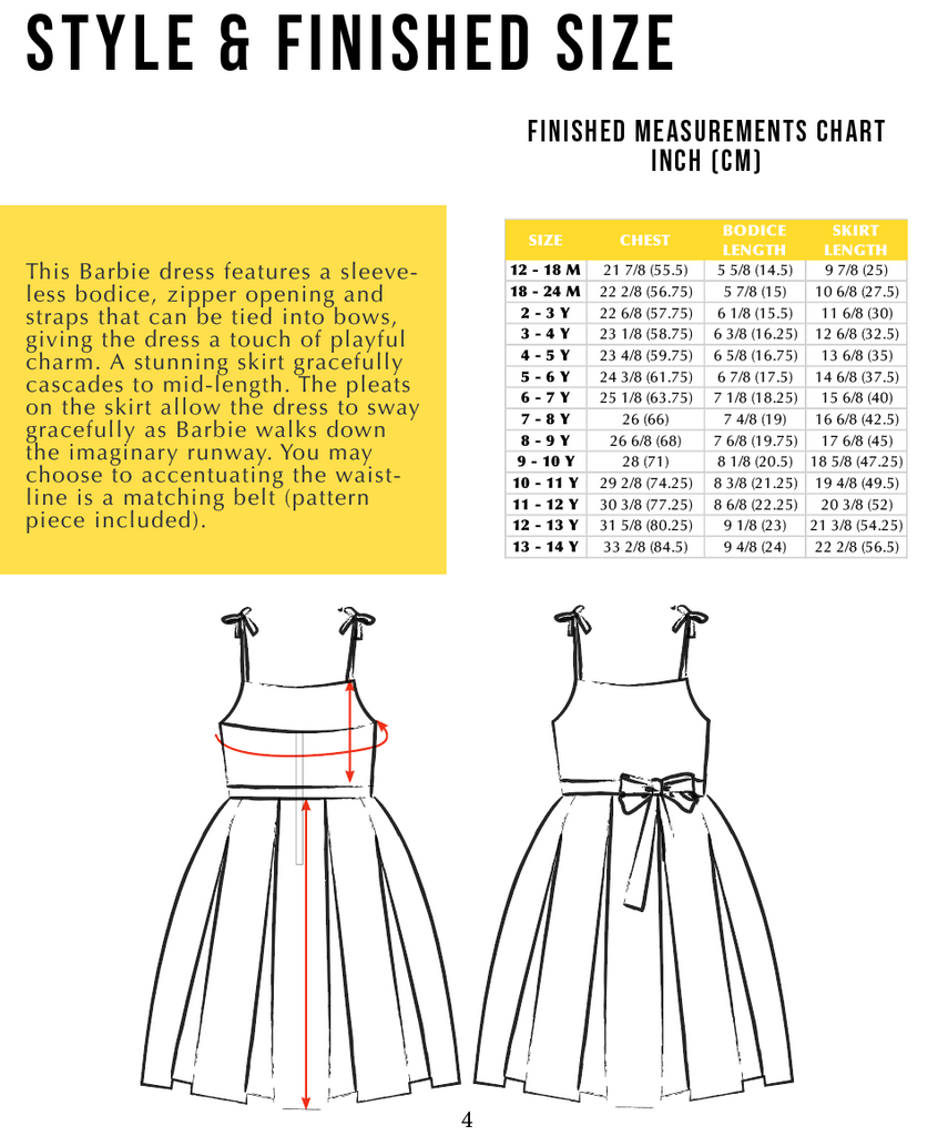 Barbie dress sewing pattern for girls, sizes 1