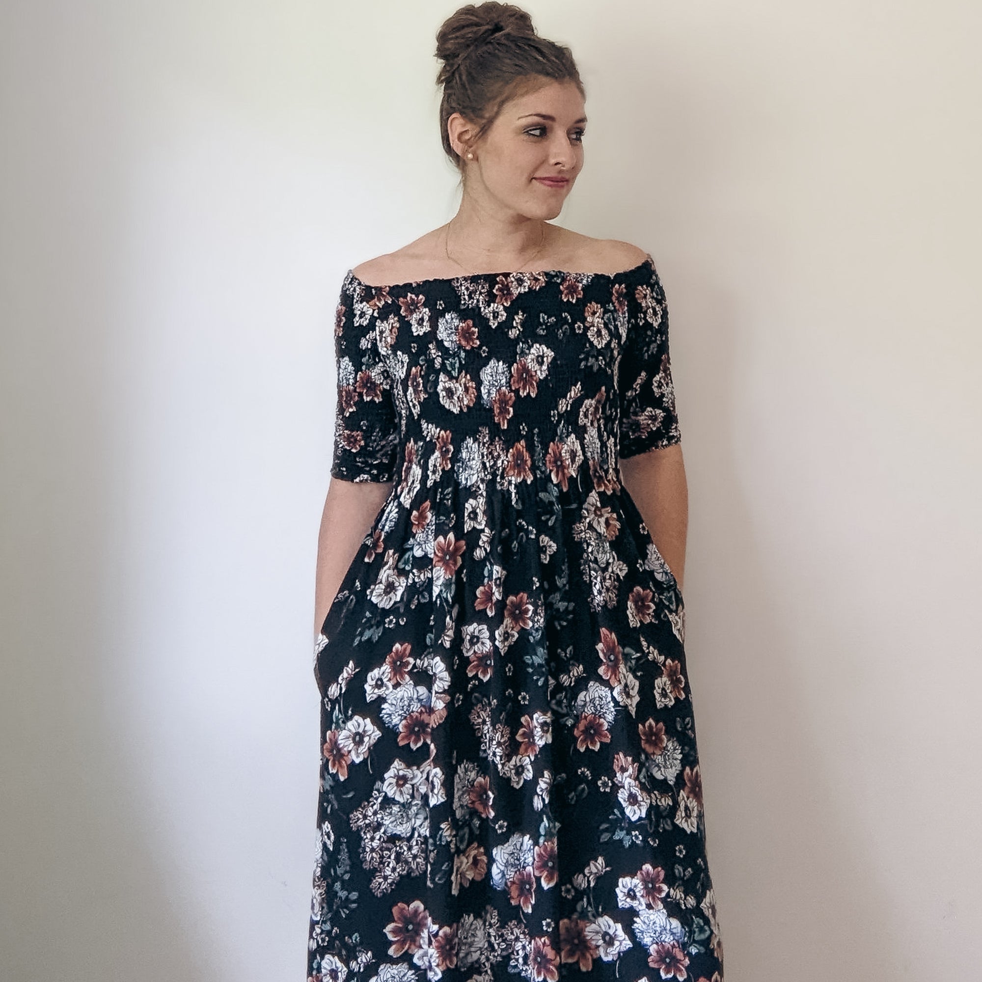 shirred midi dress pattern Shirred Midi Dress Sewing Pattern | Puff Sleeves (PDF Pattern)